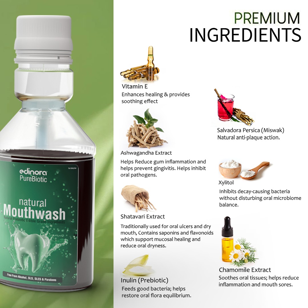 Edinora Ayurvedic Mouthwash - Prebiotic - Free from alcohol - Free from harsh chemicals - 200ml