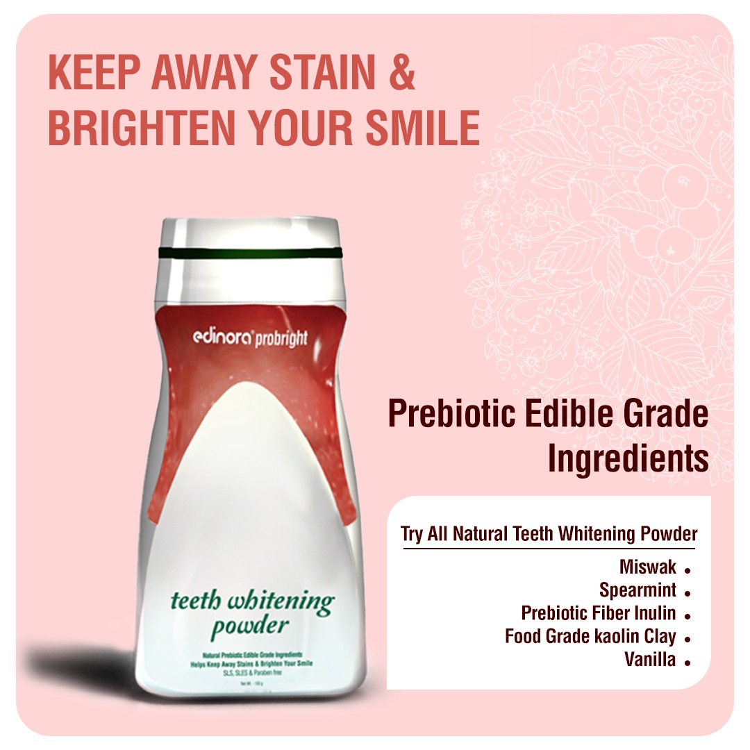 Edinora Probright Natural Teeth Whitening Powder | Mild Stain Remover, Mouth Freshener | Asparagus, Natural Kaolin Clay, Hadjod | 80g