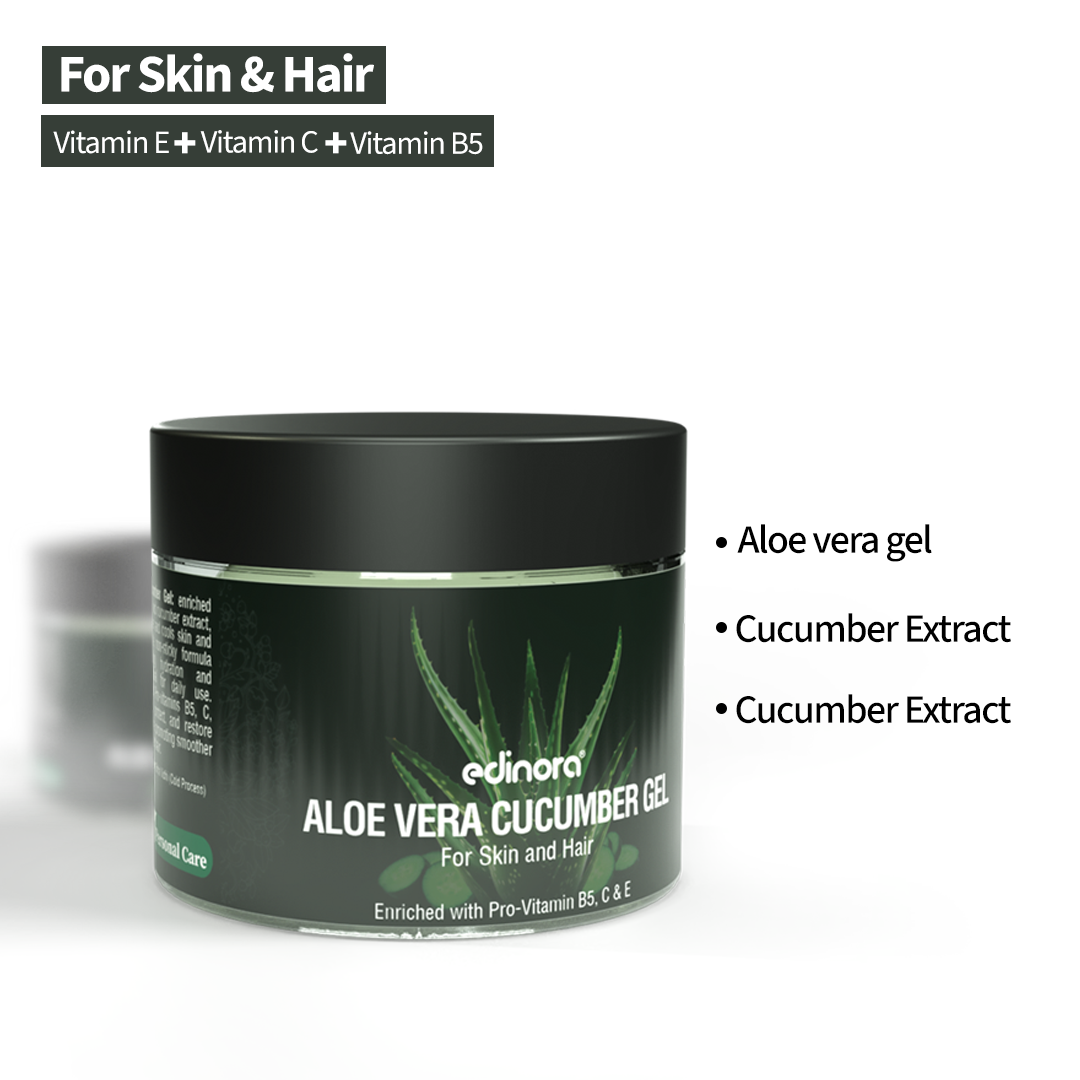 Edinora Pure Aloe Vera Cucumber Gel for Face & Hair | Hydrating, Moisturizing, Soothing |  Vitamin B5, C & Vitamin E-Enriched Cellulose Beads (100g)