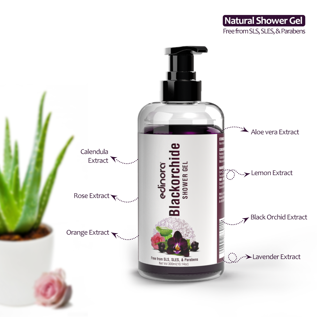 Edinora Black Orchid Shower Gel with Lavender, Wild Rose | Skin-Friendly pH | Helps reduce Dryness | No SLS, Parabens | Long-Lasting Fragrance (300ml)