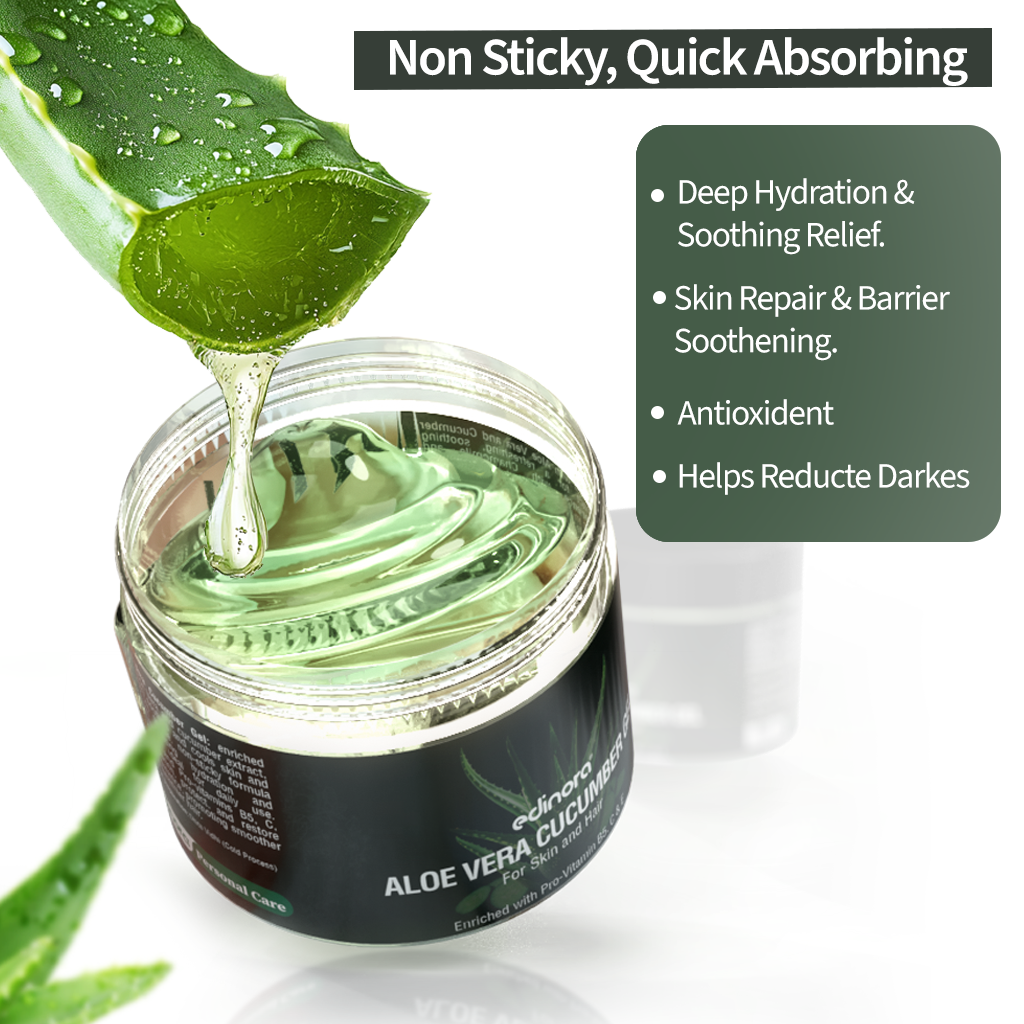 Edinora Pure Aloe Vera Cucumber Gel for Face & Hair | Hydrating, Moisturizing, Soothing |  Vitamin B5, C & Vitamin E-Enriched Cellulose Beads (100g)